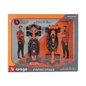   Burago - McLAREN SET F1  2X MCL38 TEAM MCLAREN N 4 SEASON 2024 LANDO NORRIS + N 81 OSCAR PIASTRI - WITH PILOT ORANGE BLACK