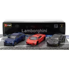  Burago - LAMBORGHINI SET 3X URUS 2018 + AVENTADOR 2018 + CENTENARIO LP770-4 2016 GREY RED BLUE