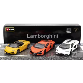   Burago - LAMBORGHINI SET 3X REVUELTO HYBRID 2023 - AVENTADOR ROADSTER 2018 - COUNTACH LPi 800-4 2021 ORANGE YELLOW WHITE