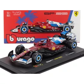   Burago - FERRARI WITH PILOT AND SHOWCASE - F1  SF-25 TEAM SCUDERIA FERRARI HP N 16 MIAMI GP 2025 CHARLES LECLERC RED WHITE BLUE