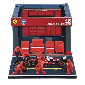   Burago - FERRARI F1  SF-25 DIORAMA GARAGE PIT-STOP TEAM SCUDERIA FERRARI N 16 SEASON 2025 CHARLES LECLERC WITH CREW FIGURE AND ACCESSORIES RED BLACK