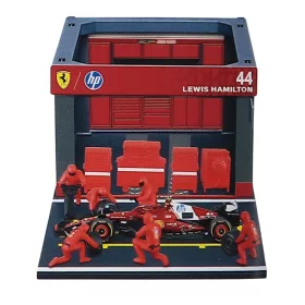   Burago - FERRARI F1  SF-25 DIORAMA GARAGE PIT-STOP TEAM SCUDERIA FERRARI N 44 SEASON 2025 LEWIS HAMILTON WITH CREW FIGURE AND ACCESSORIES RED BLACK