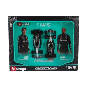   Burago - MERCEDES GP SET F1  2X W15 TEAM MERCEDES-AMG PETRONAS FORMULA ONE N 44 SEASON 2024 LEWIS HAMILTON + N 63 GEORGE RUSSELL BLACK SILVER GREEN