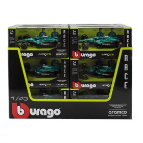   Burago - ASTON MARTIN F1 - SET 12X - ESPOSITORE - DISPLAY STAND - AMR25 TEAM ARAMCO COGNIZANT N 14 SEASON 2025 FERNANDO ALONSO + N 18 LANCE STROLL GREEN BLACK