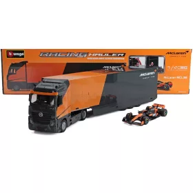   Burago - MERCEDES BENZ ACTROS 2 GIGASPACE TRUCK CAR TRANSPORTER WITH F1 McLAREN MCL38 TEAM MCLAREN N 4 SEASON 2024 LANDO NORRIS BLACK ORANGE