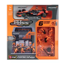   Burago - McLAREN F1  MCL38 DIORAMA GARAGE PIT-STOP TEAM MCLAREN N 81 SEASON 2024 OSCAR PIASTRI WITH CREW FIGURE AND ACCESSORIES ORANGE BLACK