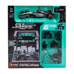   Burago - MERCEDES GP F1  W15 EQ PERFORMANCE DIORAMA GARAGE PIT-STOP TEAM AMG PETRONAS MOTORSPORT N 44 SEASON 2024 LEWIS HAMILTON WITH CREW FIGURE AND ACCESSORIES BLACK SILVER GREEN