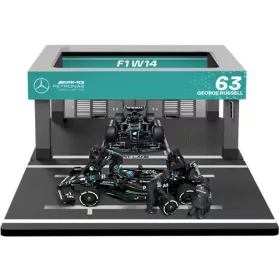   Burago - MERCEDES GP F1  W14 EQ PERFORMANCE DIORAMA GARAGE PIT-STOP TEAM AMG PETRONAS MOTORSPORT N 63 SEASON 2023 GEORGE RUSSELL WITH CREW FIGURE AND ACCESSORIES BLACK SILVER GREEN