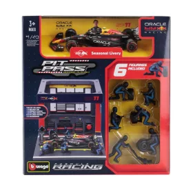   Burago - RED BULL F1  RB19 DIORAMA GARAGE PIT-STOP TEAM ORACLE RED BULL RACING N 11 SEASON 2023 SERGIO PEREZ WITH CREW FIGURE AND ACCESSORIES BLUE YELLOW RED