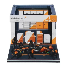   Burago - McLAREN F1  MCL39 DIORAMA GARAGE PIT-STOP TEAM MCLAREN N 4 WORLD CHAMPION SEASON 2025 LANDO NORRIS WITH CREW FIGURE AND ACCESSORIES ORANGE BLACK