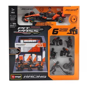   Burago - McLAREN F1  MCL39 DIORAMA GARAGE PIT-STOP TEAM MCLAREN N 81 SEASON 2025 OSCAR PIASTRI WITH CREW FIGURE AND ACCESSORIES ORANGE BLACK