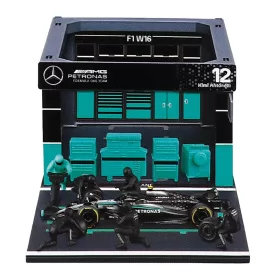   Burago - MERCEDES GP F1  W16 DIORAMA GARAGE PIT-STOP TEAM AMG PETRONAS MOTORSPORT N 12 SEASON 2025 ANDREA KIMI ANTONELLI WITH CREW FIGURE AND ACCESSORIES BLACK SILVER GREEN