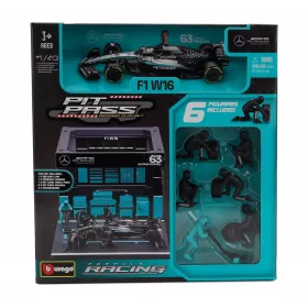   Burago - MERCEDES GP F1  W16 DIORAMA GARAGE PIT-STOP TEAM AMG PETRONAS MOTORSPORT N 63 SEASON 2025 GEORGE RUSSELL WITH CREW FIGURE AND ACCESSORIES BLACK SILVER GREEN