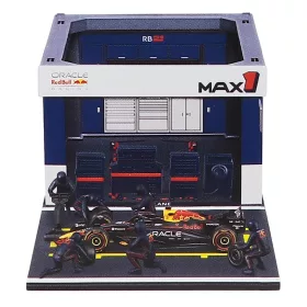   Burago - RED BULL F1  RB21 DIORAMA GARAGE PIT-STOP TEAM ORACLE RED BULL RACING N 1 SEASON 2025 MAX VERSTAPPEN WITH CREW FIGURE AND ACCESSORIES BLUE YELLOW RED