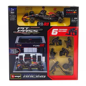   Burago - RED BULL F1  RB21 DIORAMA GARAGE PIT-STOP TEAM ORACLE RED BULL RACING N 22 SEASON 2025 YUKI TSUNODA WITH CREW FIGURE AND ACCESSORIES BLUE YELLOW RED