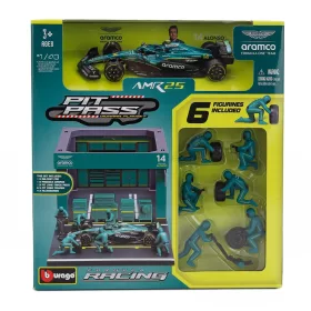   Burago - ASTON MARTIN F1  AMR25 DIORAMA GARAGE PIT-STOP TEAM ARAMCO COGNIZANT N 14 SEASON 2025 FERNANDO ALONSO WITH CREW FIGURE AND ACCESSORIES GREEN BLACK