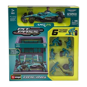   Burago - ASTON MARTIN F1  AMR25 DIORAMA GARAGE PIT-STOP TEAM ARAMCO COGNIZANT N 18 SEASON 2025 LANCE STROLL WITH CREW FIGURE AND ACCESSORIES GREEN BLACK
