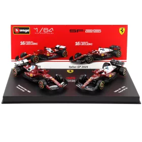   Burago - FERRARI SET F1  2X SF-25 TEAM SCUDERIA FERRARI HP N 16 SEASON 2025 CHARLES LECLERC + 4th MONZA ITALY GP 2025 WITH SHOWCASE RED WHITE