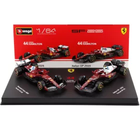   Burago - FERRARI SET F1  2X SF-25 TEAM SCUDERIA FERRARI HP N 44 SEASON 2025 LEWIS HAMILTON + MONZA ITALY GP 2025 WITH SHOWCASE RED WHITE
