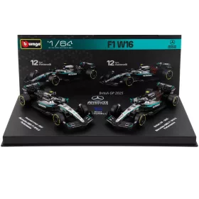   Burago - MERCEDES GP SET F1  2X W16 TEAM AMG PETRONAS MOTORSPORT N 12 SEASON 2025 ANDREA KIMI ANTONELLI + BRITISH GP 2025 WITH SHOWCASE BLACK SILVER GREEN