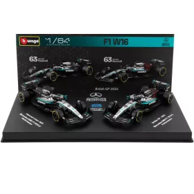   Burago - MERCEDES GP SET F1  2X W16 TEAM AMG PETRONAS MOTORSPORT N 63 SEASON 2025 GEORGE RUSSELL + GP BRITISH 2025 WITH SHOWCASE BLACK SILVER GREEN