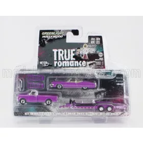   Greenlight - CHEVROLET C-30 PICK-UP 1972 WITH TRAILER + CADILLAC ELDORADO CABRIOLET OPEN 1974 - TRUE ROMANCE LILLAC