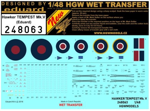 HGW Models - 1/48 Hawker TEMPEST Mk.V  Stencils - Wet Transfers - Tamiya