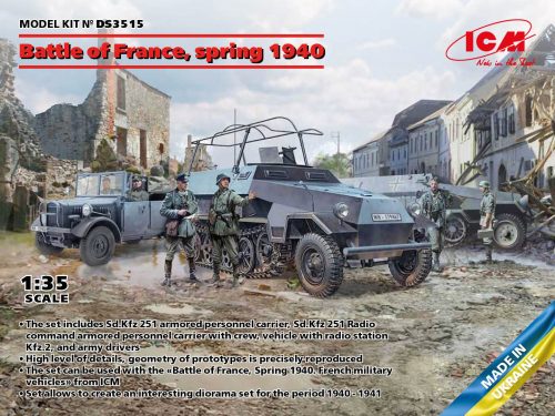 ICM - Battle of France, spring 1940. German combat vehicles (Sd.Kfz.251/1 Ausf.A, Sd.Kfz.251/6 Ausf.A, le.gl.Einheitz-Pkw Kfz.2, German Drivers (1939-1945))