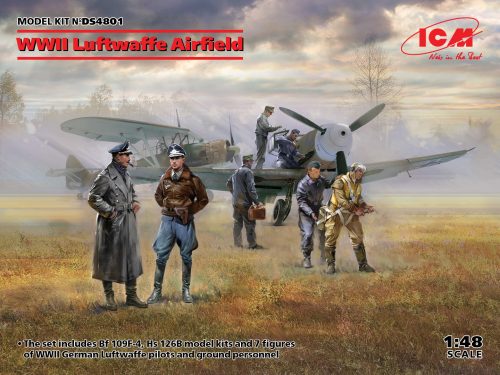 ICM - WWII Luftwaffe Airfield (Messerschmitt Bf 109F-4, Hs 126 B-1, German Luftwaffe Pilots and Ground Personnel (7 figures))