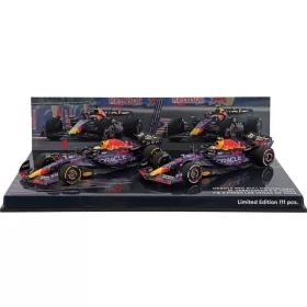  Minichamps - RED BULL SET 2X F1  RB19 TEAM ORACLE RED BULL RACING N 1 WORLD CHAMPION WINNER LAS VEGAS USA GP 2023 MAX VERSTAPPEN + N 11 3rd LAS VEGAS USA GP 2023 SERGIO PEREZ PURPLE YELLOW RED