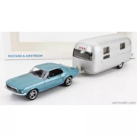   Norev - Ford Usa Mustang Coupe 1968 With Airstream Caravan Roulotte Light Blue Met