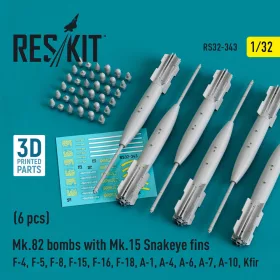   Reskit - Mk.82 bombs with Mk.15 Snakeye fins (6 pcs) (F-4, F-5, F-8, F-15, F-16, F-18, A-1, A-4, A-6, A-7, A-10, Kfir) (3D Printed)