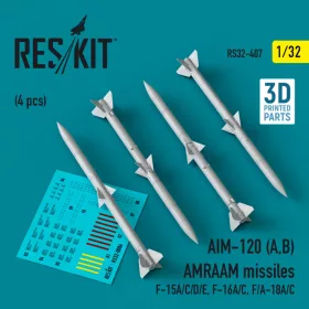   Reskit - AIM-120 (A,B) AMRAAM missiles (4 pcs) (F-15A/C/D/E, F-16A/C, F/A-18A/C) (3D Printed) (1/32)