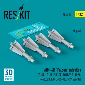   Reskit - AIM-4D Falcon missiles (4 pcs) (F-89J, F-101B/F, CF-101B/F, F-102A, F-4(C,D,E,EJ), J-35F/J, J-37, AJ-37) (3D Printed)