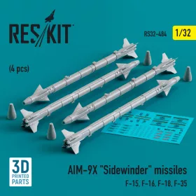   Reskit - AIM-9X "Sidewinder" missiles (4 pcs) (F-15, F-16, F-18, F-35) (3D Printed) (1/32)