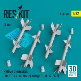   Reskit - Python 3 missiles (4 pcs) (Kfir, F-15, F-16, MiG-21, Mirage F.1, JF-17, FC-1) (3D Printed)