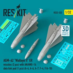   Reskit - AGM-62 Walleye II ER missiles (2 pcs) with AN/AWG-16 data link pod (1 pcs) (A-4 A-6 A-7 F-4 F/A-18) (3D Printed)