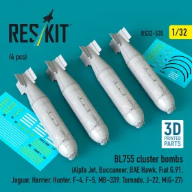   Reskit - BL755 cluster bombs (4 pcs) (Alpfa Jet Buccaneer BAE Hawk Fiat G.91 Jaguar Harrier Hunter F-4 F-5 MB-339 Tornado J-22 MiG-27) (3D Printed)