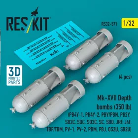   Reskit - Mk-XVII Depth bombs (350 lb) (4 pcs) (PB4Y-1 PB4Y-2 PBY/PBN PB2Y SB2C SOC SO3C SC SBD JRF J4F TBF/TBM PV-1 PV-2 PBM PBJ OS2U SB2U) (3D Printed)