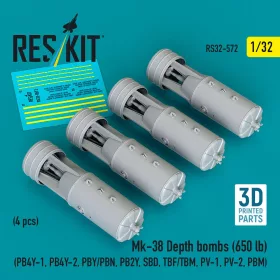   Reskit - Mk-38 Depth bombs (650 lb) (4 pcs) (PB4Y-1, PB4Y-2, PBY/PBN, PB2Y, SBD, TBF/TBM, PV-1, PV-2, PBM) (3D Printed)