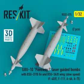   Reskit - GBU-10 Paveway I laser guided bombs with BSU-37/B fin and BSU-3A/B wing (slow speed) (2 pcs) (F-4D/E F-111 A-6A A-7E) (3D Printed)