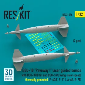   Reskit - GBU-10 Paveway I laser guided bombs with BSU-37/B fin and BSU-3A/B wing (slow speed) thermally protected (2 pcs) (F-4D/E, F-111, A-6A, A-7E) (3D Printed)