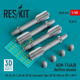   Reskit - AGM-114A/B Hellfire missiles (4 pcs) (AH-64, AH-1, UH-60, SH-60, Eurocopter Tiger, OH-58, RAH-66, MQ-1, MQ-9) (3D Printed)
