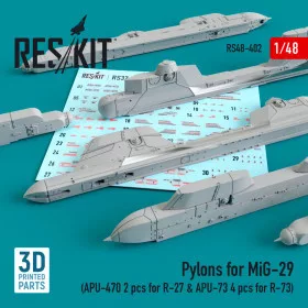   Reskit - Pylons for MiG-29 (APU-470 2 pcs for R-27   APU-73 4 pcs for R-73) (1/48)