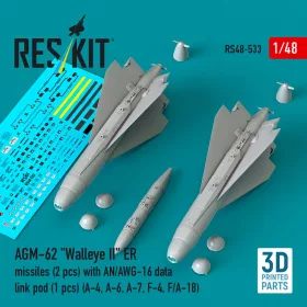   Reskit - AGM-62 Walleye II ER missiles (2 pcs) with AN/AWG-16 data link pod (1 pcs) (A-4 A-6 A-7 F-4 F/A-18) (3D Printed)