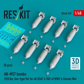   Reskit - AN-M57 bombs (250 lbs box-type fin) for all USAF & RAF of WW2 & Korean War (8 pcs) (3D Printed)