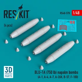   Reskit - BLU-1A (750 lb) napalm bombs (4 pcs) (A-1 A-4 A-7 A-26K B-57 F-100) (3D Printed)