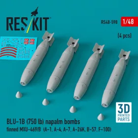   Reskit - BLU-1B (750 lb) napalm bombs finned MXU-469/B (4 pcs) (A-1 A-4 A-7 A-26K B-57 F-100) (3D Printed)