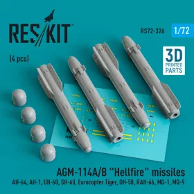   Reskit - AGM-114A/B Hellfire missiles (4 pcs) (AH-64, AH-1, UH-60, SH-60, Eurocopter Tiger, OH-58, RAH-66, MQ-1, MQ-9) (3D Printed)