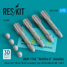   Reskit - AGM-114K Hellfire II missiles (4 pcs) (AH-64, AH-1, UH-60, SH-60, Eurocopter Tiger, OH-58, RAH-66, MQ-1, MQ-9) (3D Printed)